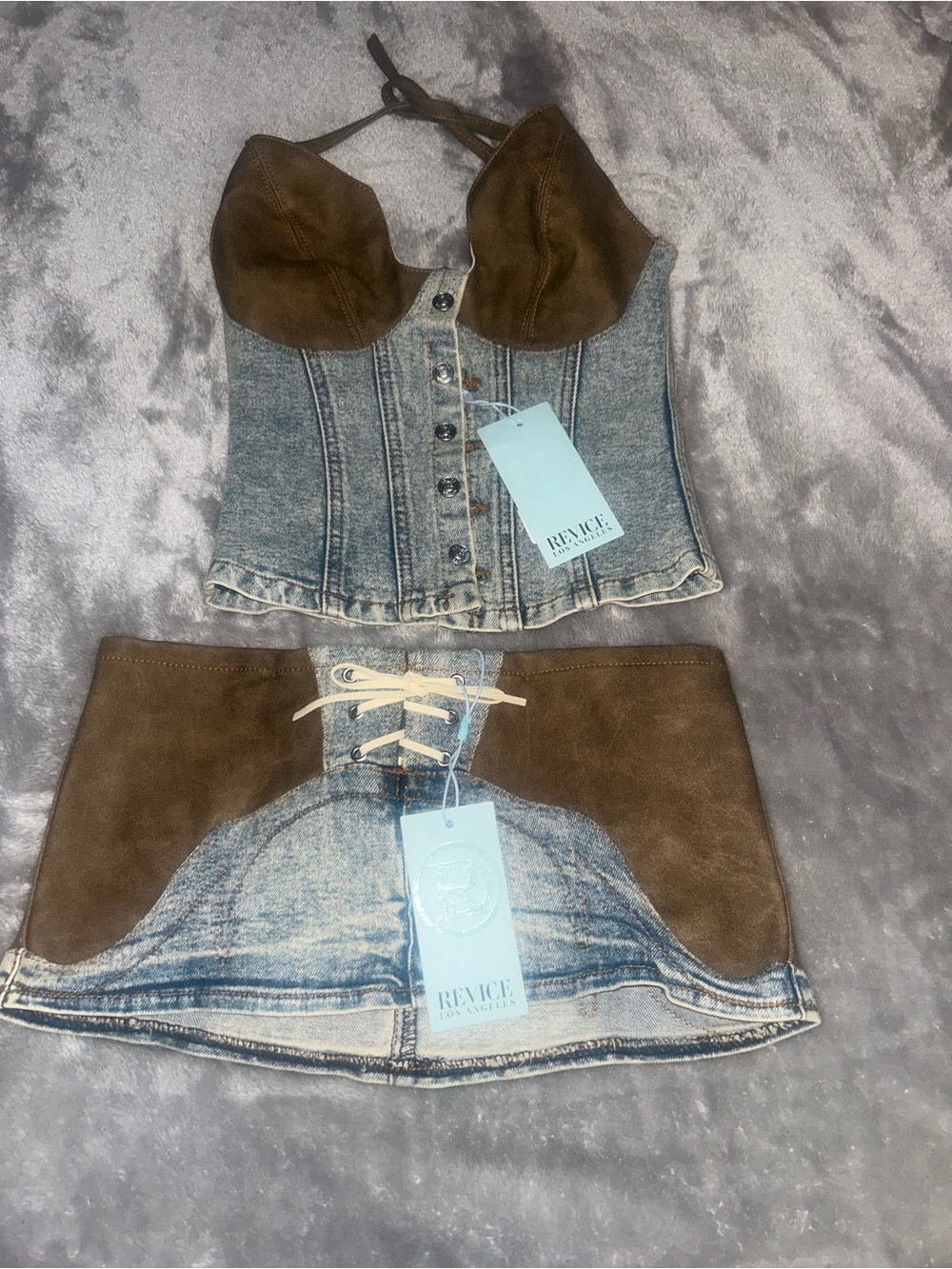 REVICE Olive Brown Suede-Trim Denim Corset Camisole sold as the set - Picture 5 of 11